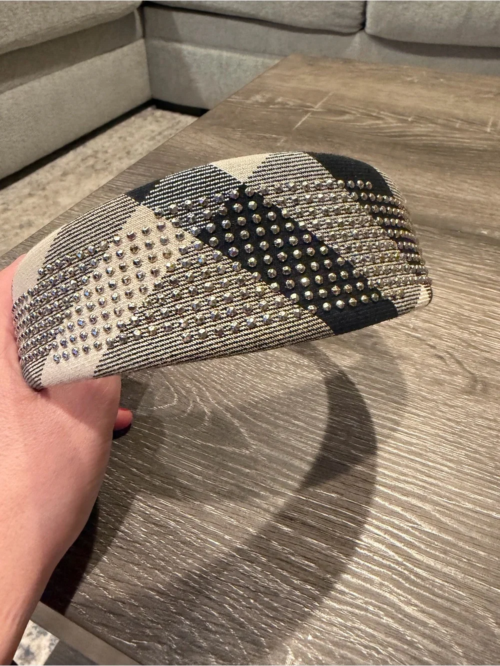 Studded Plaid Burberry Padded Headband - Black & Cream